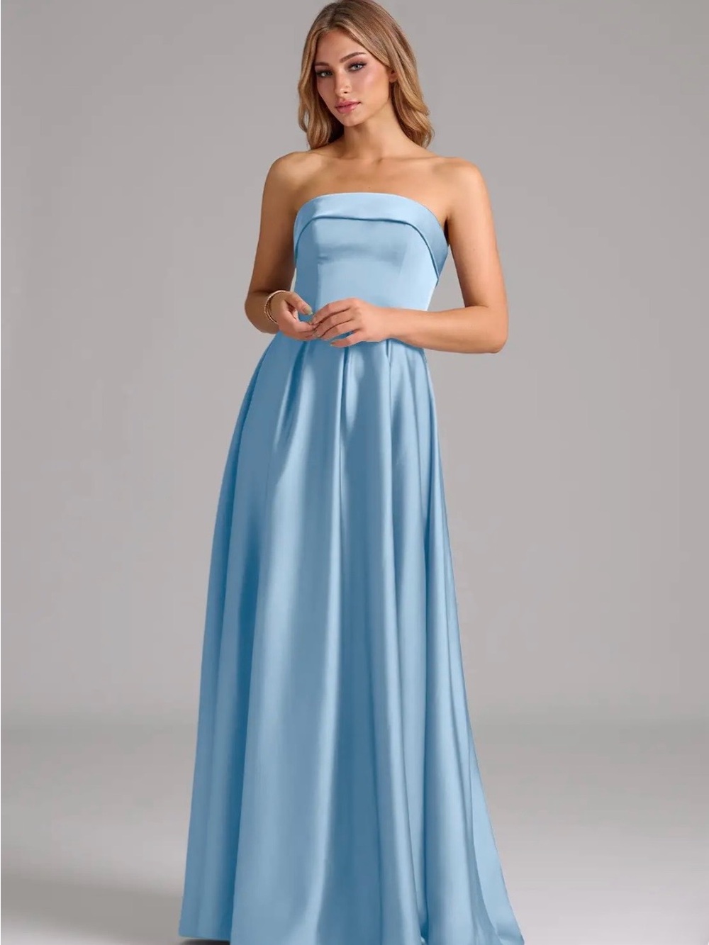 Azazie Powder Blue satin Lucienne bridesmaid dress